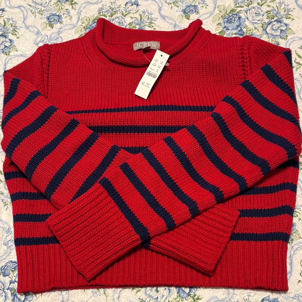 J. Crew Red and Navy Striped Mock Sweater